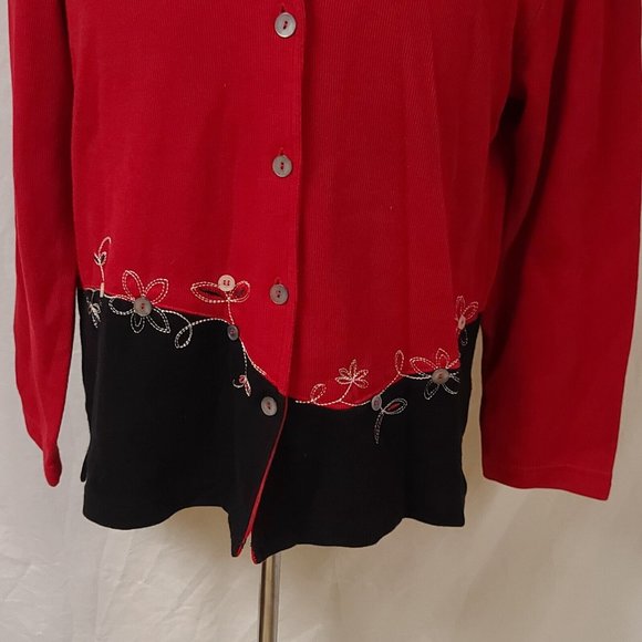 Teddi Womens Large Red Black Floral Long Sleeve Button Up Cardigan Sweater USA - Picture 3 of 13